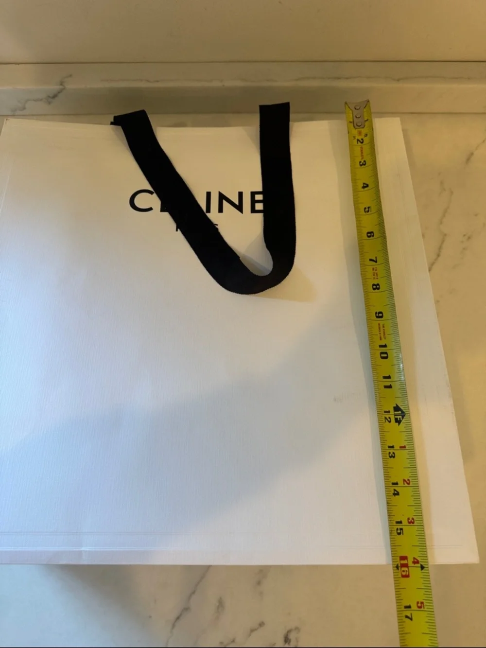 Celine White Shopper Bag with Black Ribbon Handles approx 16x26x7